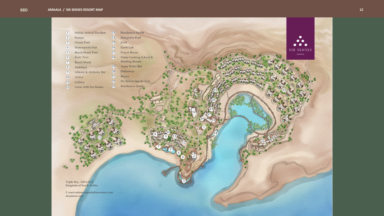 Six Senses AMAALA orientation map at Triple Bay showing resort facilities and accommodation areas