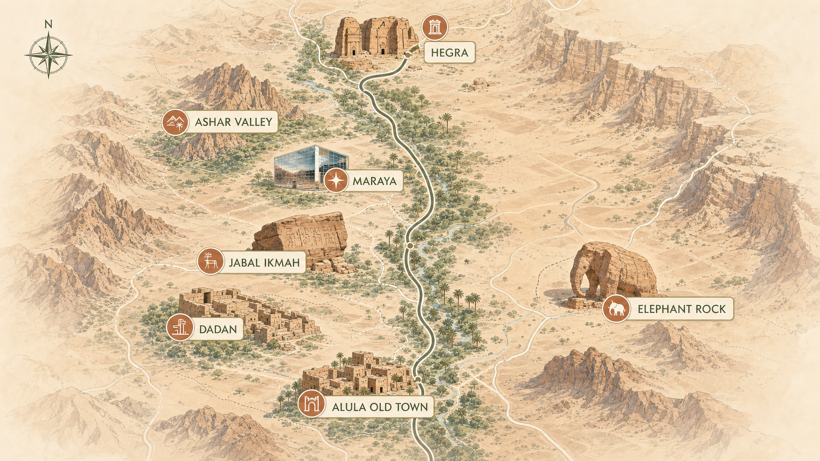 Illustrated AlUla map showing Hegra, Ashar Valley, Maraya, Jabal Ikmah, Dadan, Elephant Rock and AlUla Old Town